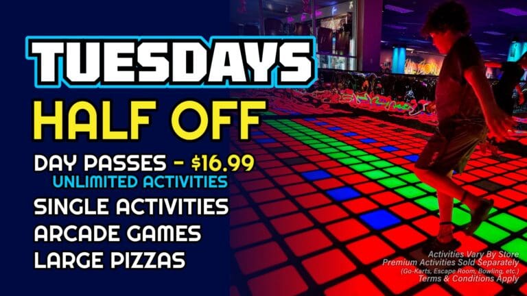 Zap Zone amusement center-indoor games-arcade games-family games-family events-attractions-6995 Grand River Avenue-Brighton-Michigan 48114-Tuesday Half Off